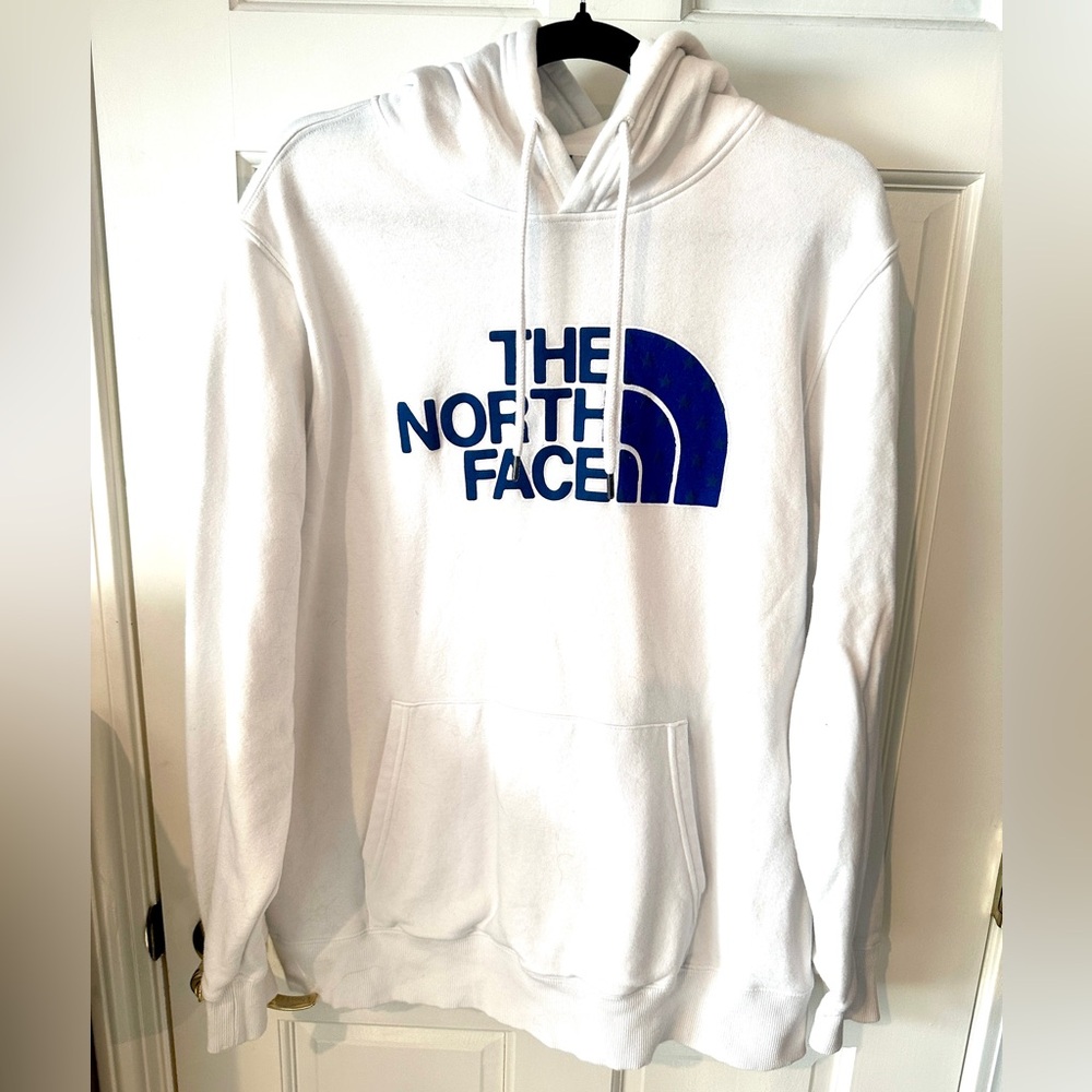 The North Face White Hoodie with Blue Logo - Size XL - Like New